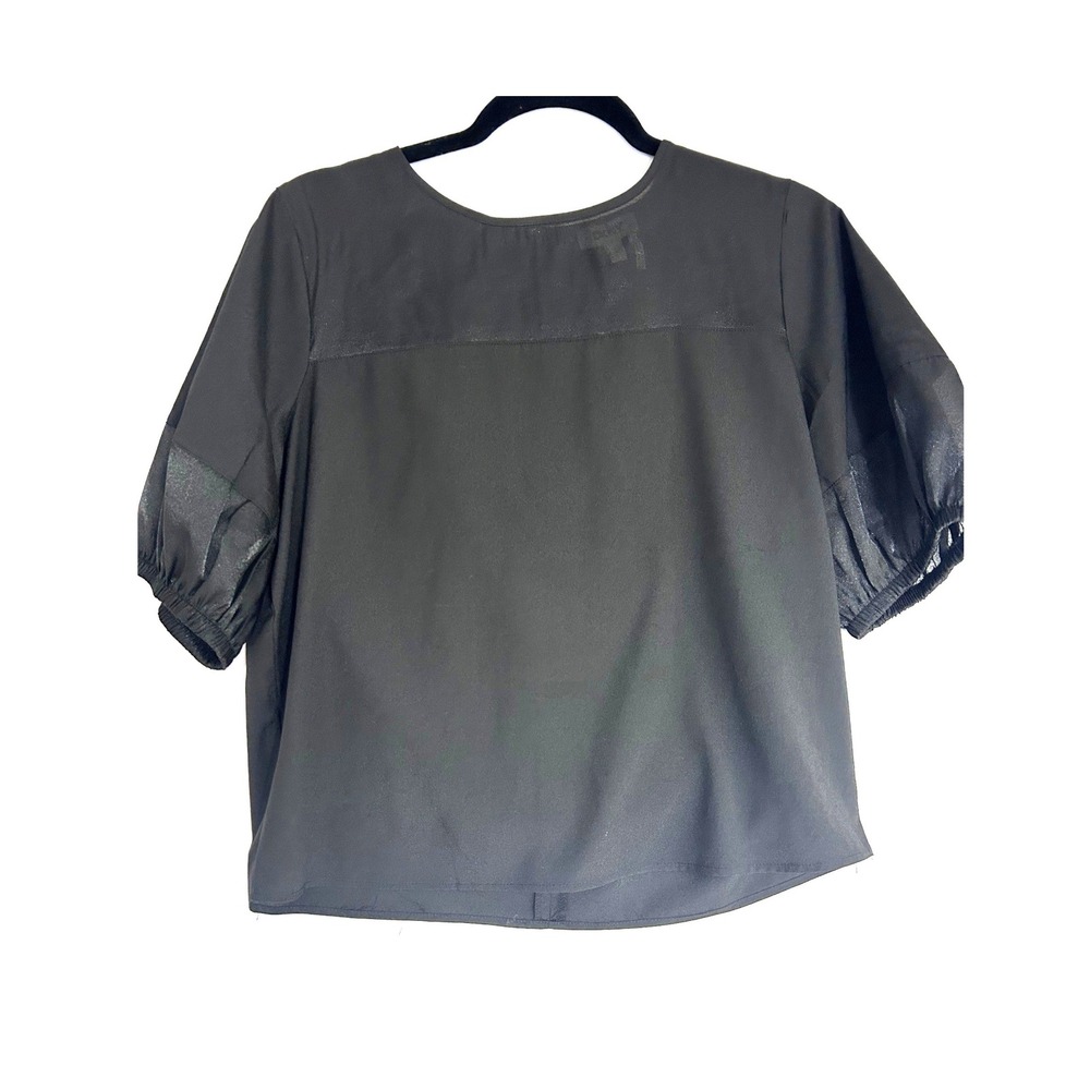 DKNY Womens Black Mixed Media Puff Sleeve Blouse Satin Trim Top Size M